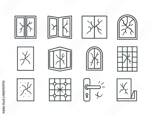 Cracked Window Icons. cracked windows. Line icon set of cracked windows: closed window, open window, sliding window, double-pane window, single-pane window,