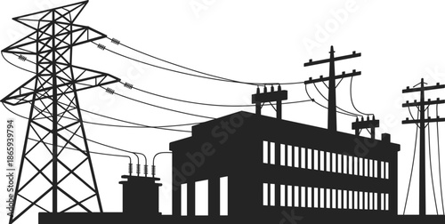 Silhouette of Electrical Substation, Power Plant, Utility Poles, and High Voltage Transmission Tower for Energy Distribution and Infrastructure Design