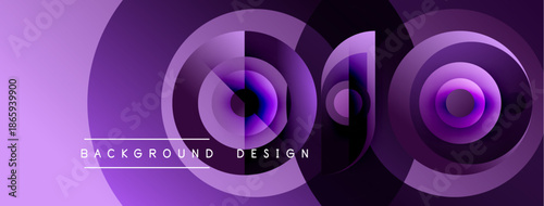 Abstract purple layers create circular patterns. Modern design elements suggest technology, innovation, depth, visual appeal.