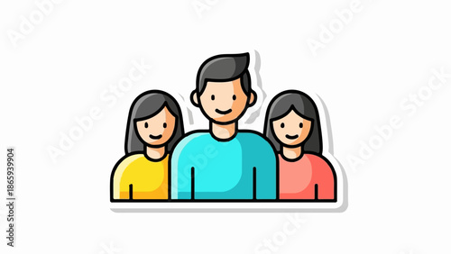 Three stylized figures, one male and two females, in a group