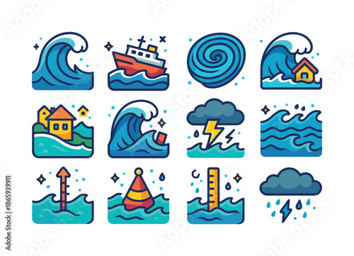 Colorful Ocean Disaster Icons. Ocean disasters. Colorful isometric vector icons set of ocean disasters: giant wave, ship in storm, whirlpool, tsunami front,