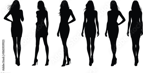 Silhouette of elegant women in dresses and high heels, stylish female poses for fashion, beauty, model, glamour concepts, isolated on white background