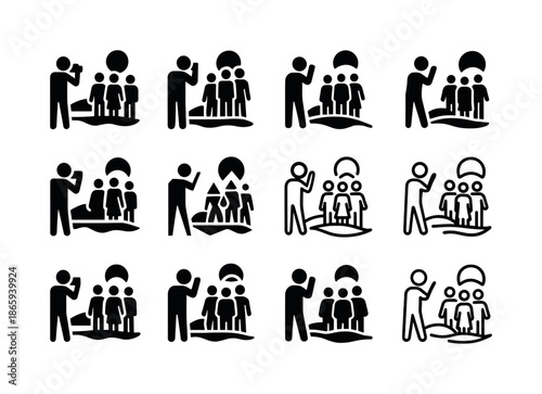 Family Vacation Icons. taking a family vacation photo. Icon set. Set Logo of taking a family vacation photo: family group shot on beach. harmonious logo