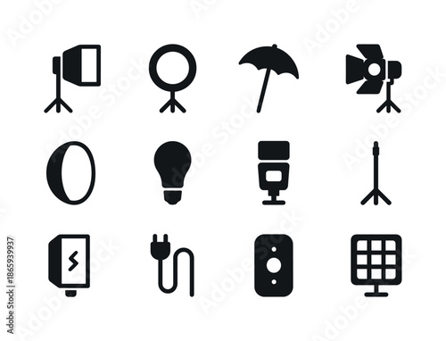Studio Lighting Icons. Studio lighting. Solid icon set of Studio lighting: softbox, ring light, umbrella light, spotlight, reflector, bulb, flash, light stand,