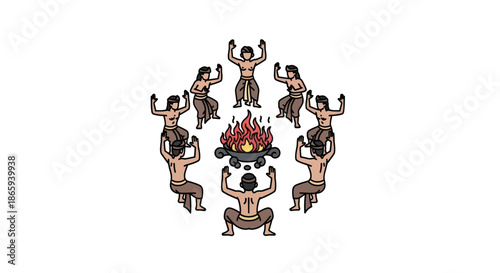 Indigenous people gathered around a central campfire in a circular formation performing a ritualistic dance with raised arms.