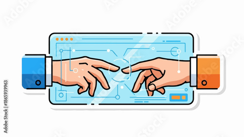 Two hands reaching across a digital interface, symbolizing connection and collaboration