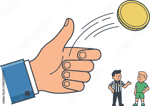 Hand flipping a coin for a toss decision before a soccer match with a referee and player standing