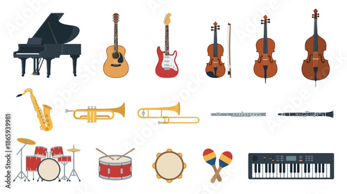 Collection of Various Musical Instruments Displayed.