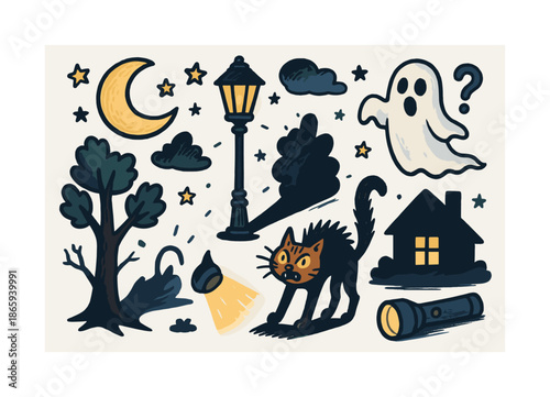 Spooky Night Doodle. Dark shadows. Colorful Hand-drawn doodle Children illustration Dark shadows moon, streetlamp, long shadow on ground, scared cat, tall