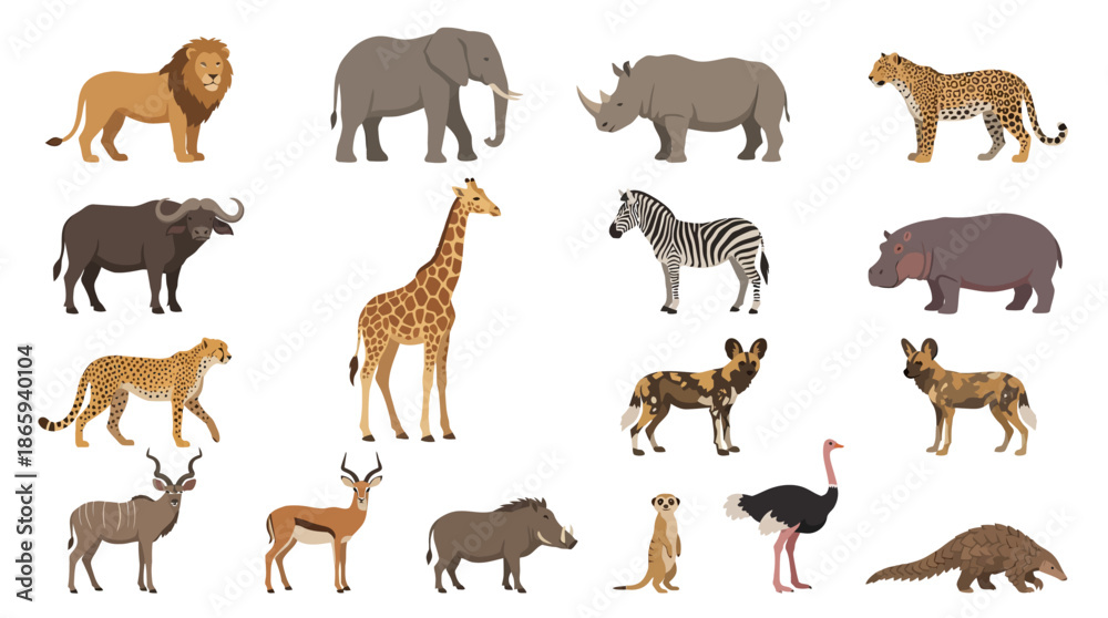 Fototapeta premium Collection of Various Wild Animals in Cartoon Style.