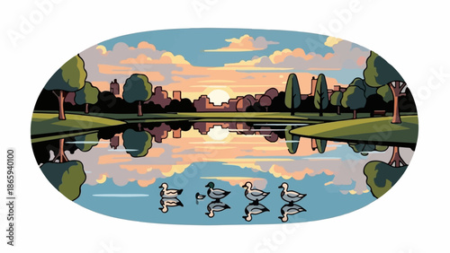 Tranquil park scene with ducks on a lake at sunset, city skyline in background