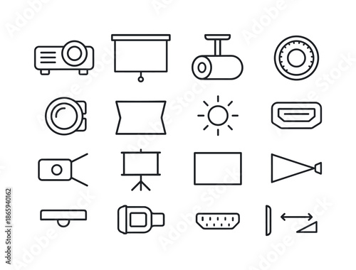 Projector Setup Icons. Projector Setup. Line icon set of Projector Setup: projector, screen roll, ceiling mount, focus wheel, lens icon, keystone icon,