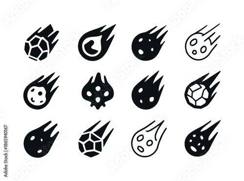 Asteroid Logo Variations. Asteroids. Icon set. Set Logo of Asteroids: asteroid impact symbol. harmonious logo variations of the same emblematic concept, each