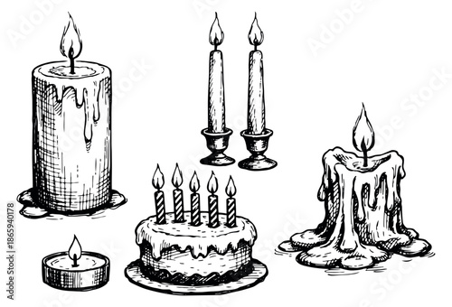 Hand drawn line art celebration set featuring various lit candles and a birthday cake for parties and festive events