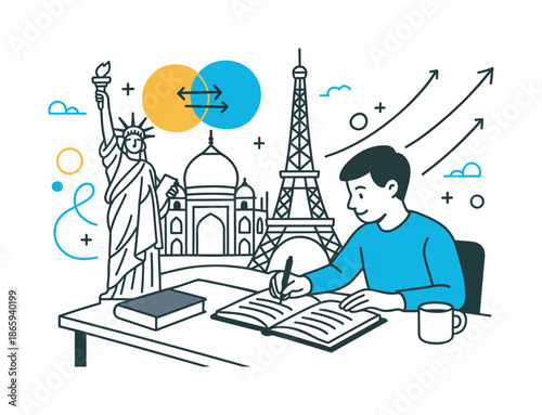 Cultural Growth Illustration. Global learning. A figure studies at a desk with famous monuments rising in the background; abstract shapes show cultural