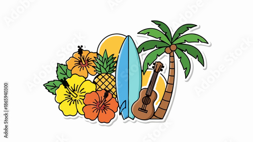 Tropical beach scene with hibiscus flowers, surfboard, ukulele, pineapple, and palm tree