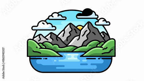 Stylized mountains and lake with a bright sun and clouds