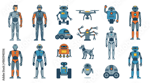 Futuristic Robots and Androids in Various Poses and Designs.