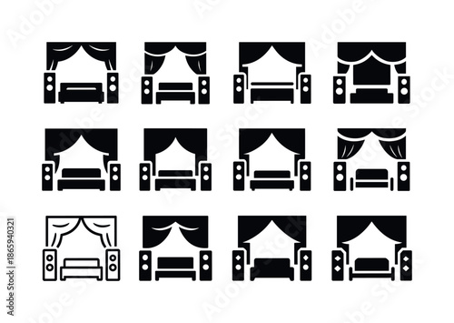 Home Theater Logo Icons. Home theater system. Icon set. Set Logo of home theater system: cinematic curtain motif. harmonious logo variations of the same
