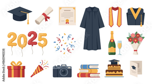 Graduation ceremony elements with gown and diploma.