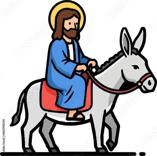 Stylized illustration of a bearded figure with a halo riding a donkey