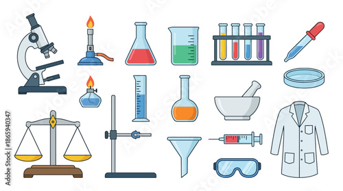 Laboratory equipment and protective gear for scientific research and experiments.
