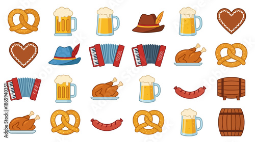 Oktoberfest celebration icons set with beer, pretzels, and traditional elements.