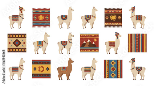 Collection of colorful alpaca illustrations with traditional Andean textile patterns.