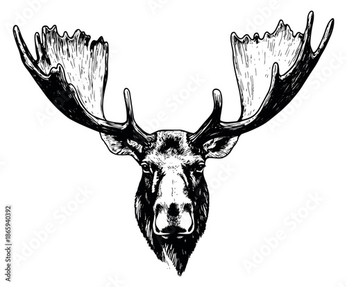 Hand drawn line art illustration of a moose head depicting an impressive set of antlers for nature and wildlife designs