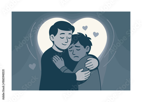 Comforting Embrace Scene. Offering emotional support after a traumatic event. A person gently holding another in a comforting embrace; soft arcs and heart