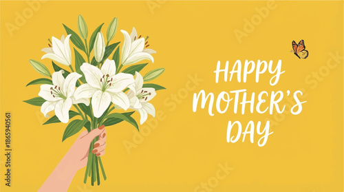 A vibrant yellow background with a hand holding a bouquet of white flowers, possibly lilies, against the backdrop
