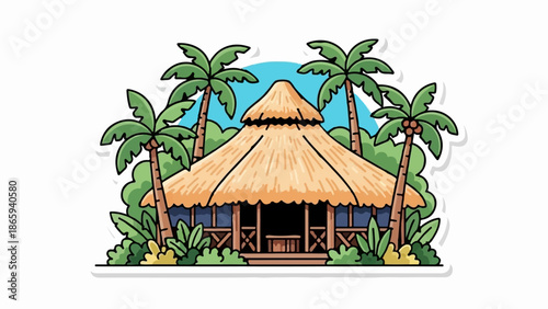Tropical hut with palm trees and lush foliage under a clear blue sky