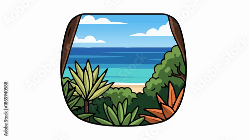 Tropical island view through lush foliage, with ocean and sky
