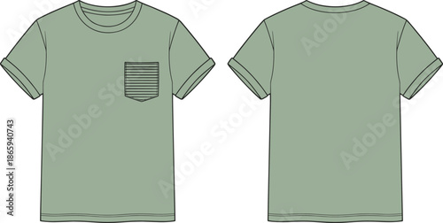 Pocket t shirt technical illustration, unisex casual apparel design, front back view, rolled sleeves, striped chest pocket, modern fashion flat sketch