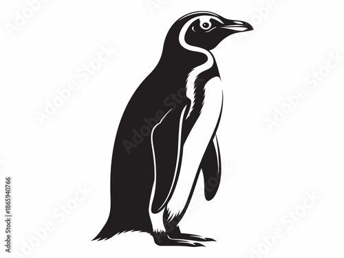 A striking black and white illustration of a single penguin in profile
