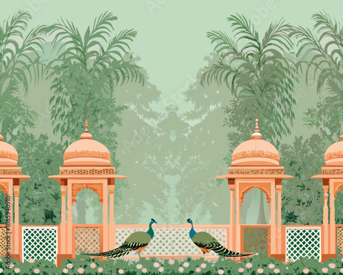 A serene illustration of an indian palace garden with peacocks and palm trees