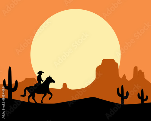 A silhouette of a cowboy riding a horse against a desert sunset
