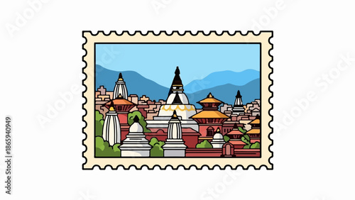 Stamp featuring an animated city skyline with Buddhist stupas