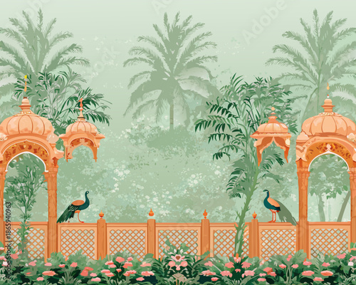 A serene garden scene featuring ornate architecture peacocks and lush palm trees