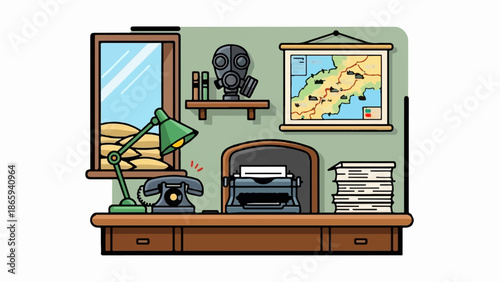 Vintage desk with typewriter, phone, lamp, gas mask, and map