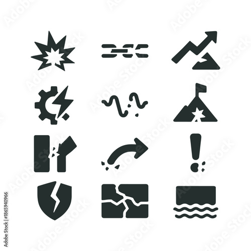 Disruption Icons Grid. Disruption. Solid icon set of disruption: disruption burst, broken routine line, breaking arrow, fragmented block, innovation spark,