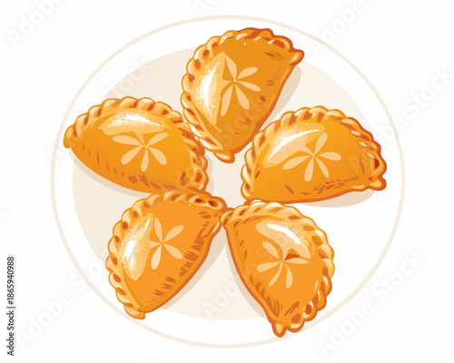 A vibrant illustration of five golden flower shaped curry puffs on a plate