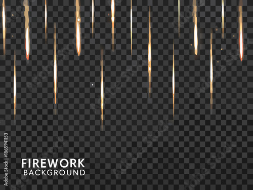 Golden streaks of light resembling falling stars on a transparent background