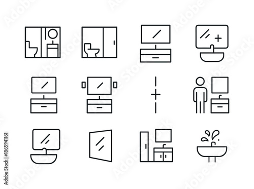 Bathroom Mirror Icons. adding a new mirror in the bathroom. Line icon set of adding a new mirror in the bathroom: small bathroom layout, big bathroom layout,