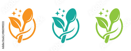 Vibrant eco friendly logo designs for sustainable brands and businesses. Vibrant leaf and spoon logos. A set of modern, conveying freshness and health. 