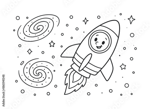 Space Adventure Coloring. Galaxy exploration children?s coloring book illustration, outlined drawing, cartoon spaceship flying near distant galaxies,