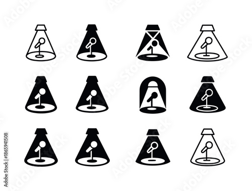 Comedy Icon Variations. joke telling. Icon set. Set Logo of joke telling: comedy stage spotlight. harmonious logo variations of the same emblematic concept,