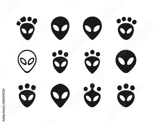 Martian Logo Variations. martian. Icon set. Set Logo of martian: alien footprint. harmonious logo variations of the same emblematic concept, each