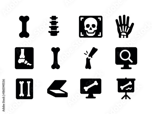 Bone Scanning Icons. Bone Scanning. Solid icon set of Bone Scanning: bone icon, spine icon, skull scan, hand x-ray, foot x-ray, leg bone, fracture mark,