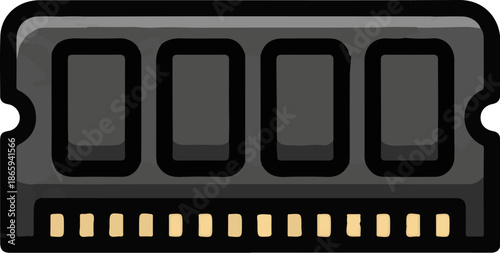 Stylized illustration of a computer memory module with four dark rectangular slots and a golden connector